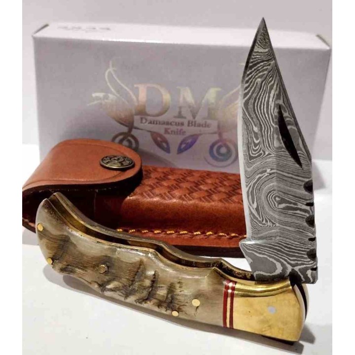 Couteau de Chasse Damas Pliant Lame Damas Manche Corne de Bélier Étui Cuir DM1385 - Livraison Gratuite