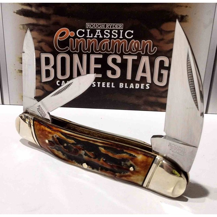Couteau Rough Ryder Classic Cinnamon Bone Stag Swayback Lame Acier Carbone Manche Corne de Daim RR2423 - Livraison Gratuite