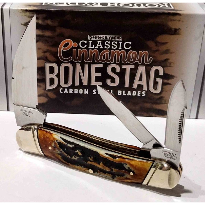Couteau Rough Ryder Classic Cinnamon Bone Stag Swayback Lame Acier Carbone Manche Corne de Daim RR2423 - Livraison Gratuite
