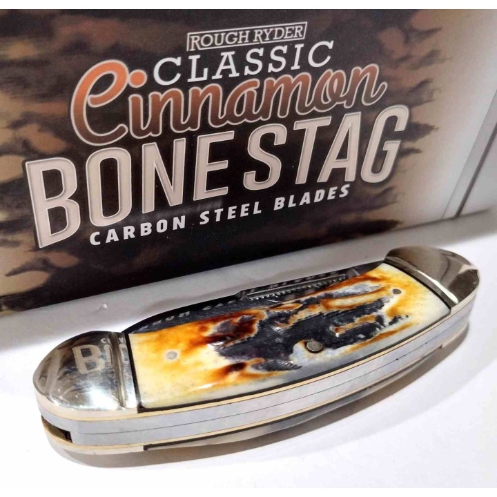 Couteau Rough Ryder Bow Canoe Cinnamon Bone Stag 2 Lames Acier Carbone Manche Corne de Daim RR2428 - Livraison Gratuite