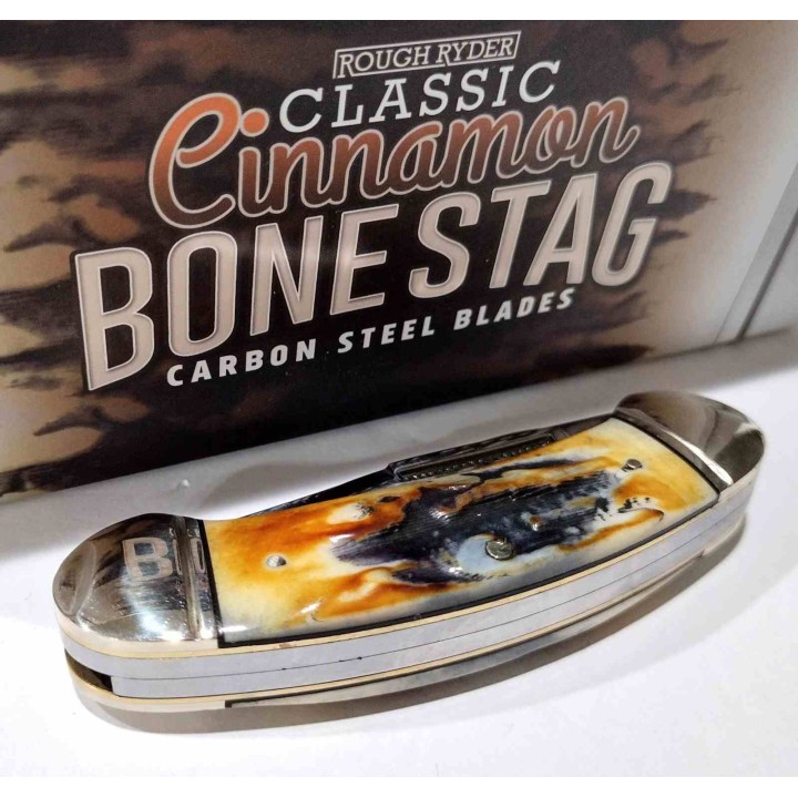 Couteau Rough Ryder Bow Canoe Cinnamon Bone Stag 2 Lames Acier Carbone Manche Corne de Daim RR2428 - Livraison Gratuite
