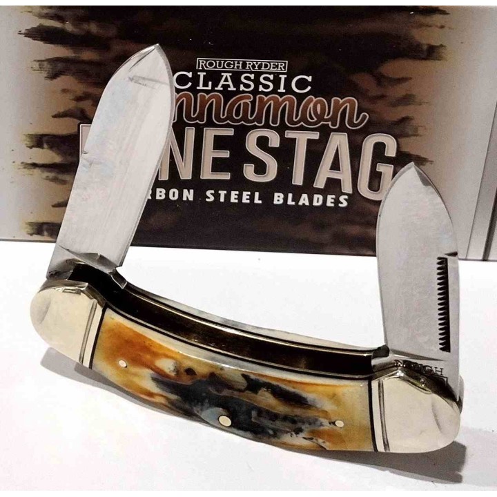 Couteau Rough Ryder Bow Canoe Cinnamon Bone Stag 2 Lames Acier Carbone Manche Corne de Daim RR2428 - Livraison Gratuite