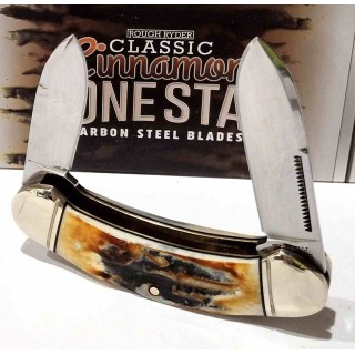Couteau Rough Ryder Bow Canoe Cinnamon Bone Stag 2 Lames Acier Carbone Manche Corne de Daim RR2428 - Livraison Gratuite