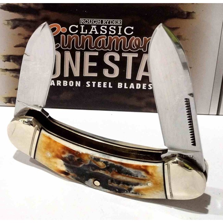Couteau Rough Ryder Bow Canoe Cinnamon Bone Stag 2 Lames Acier Carbone Manche Corne de Daim RR2428 - Livraison Gratuite