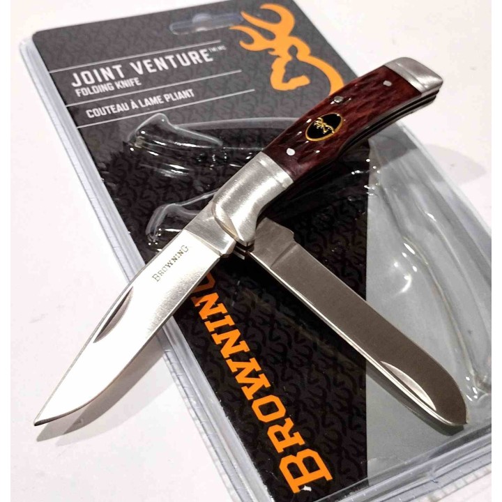 Couteau Pliant Browning Joint Venture Trapper Bone Lames Acier 8Cr13MoV Manche en Os Slipjoint BR0012 - Livraison Gratuite