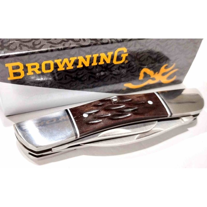 Couteau Browning Triple Edge Traditional Lames Acier Inox Poignée Os Slipjoint BR0159 - Livraison Gratuite