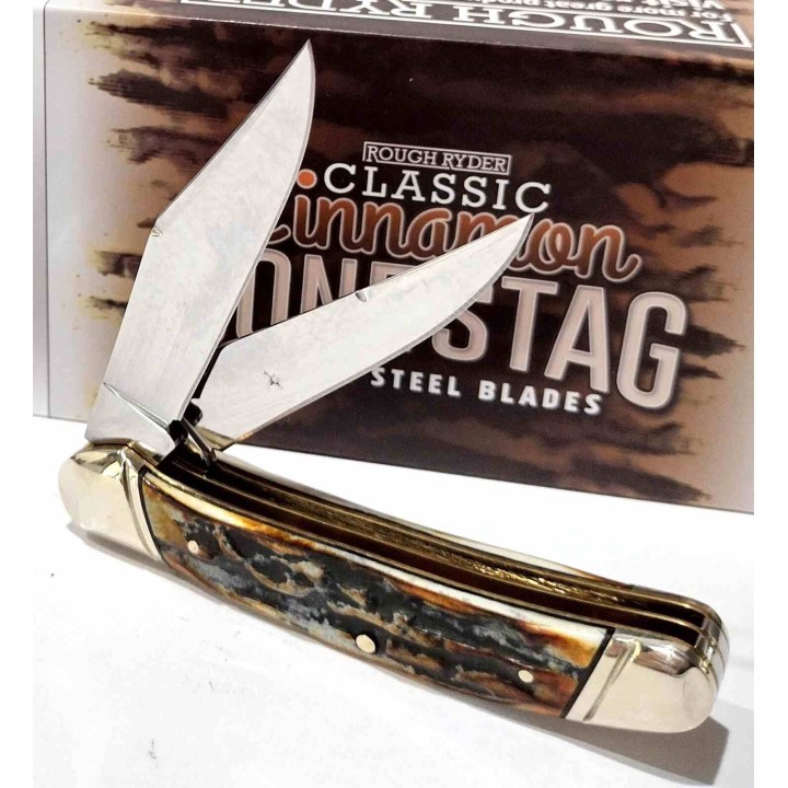 Couteau Rough Ryder Classic Cinnamon Bone Stag Copperhead Lames Acier Carbone Manche Os Slipjoint RR2422 - Livraison Gratuite