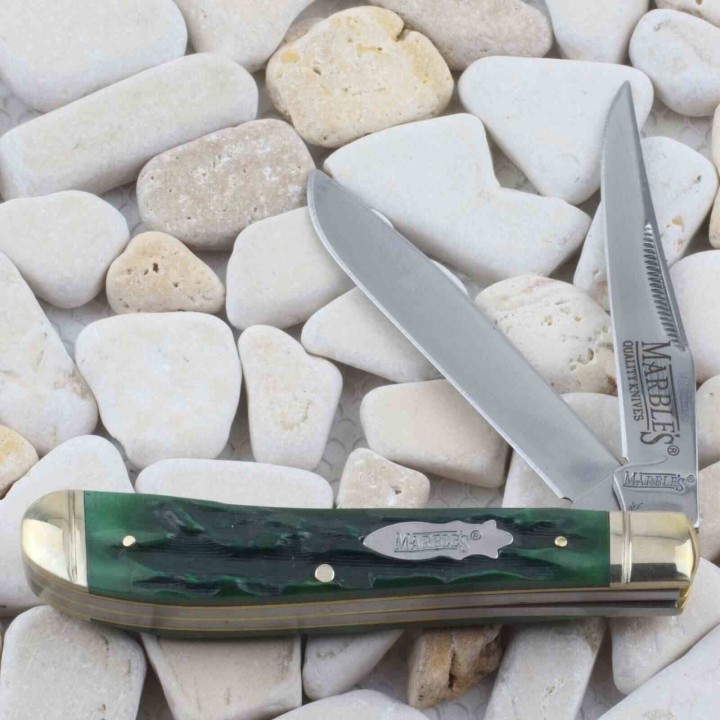 Couteau Marbles Green Stag Bone Trapper Lames en Acier 440 Poignée en Os Vert Slipjoint MR189 - Livraison Gratuite