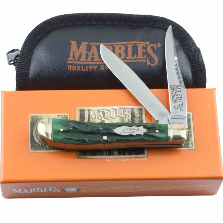 Couteau Marbles Green Stag Bone Trapper Lames en Acier 440 Poignée en Os Vert Slipjoint MR189 - Livraison Gratuite