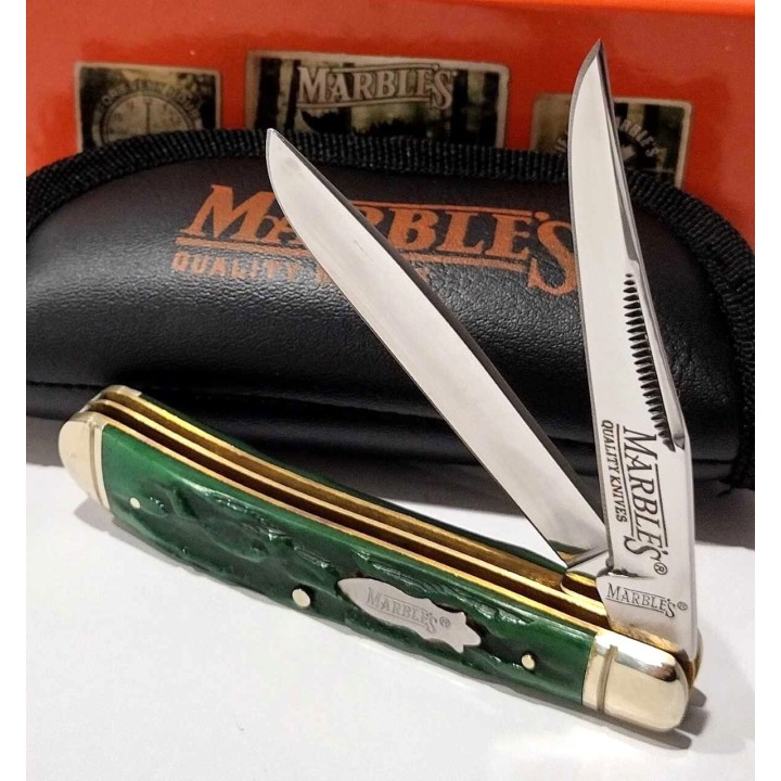 Couteau Marbles Green Stag Bone Trapper Lames en Acier 440 Poignée en Os Vert Slipjoint MR189 - Livraison Gratuite