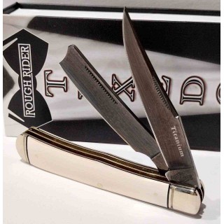 Couteau Rough Ryder Tuxedo White Razor Trapper Lames Acier 440 Manche Micarta Slipjoint RR2667- Livraison Gratuite