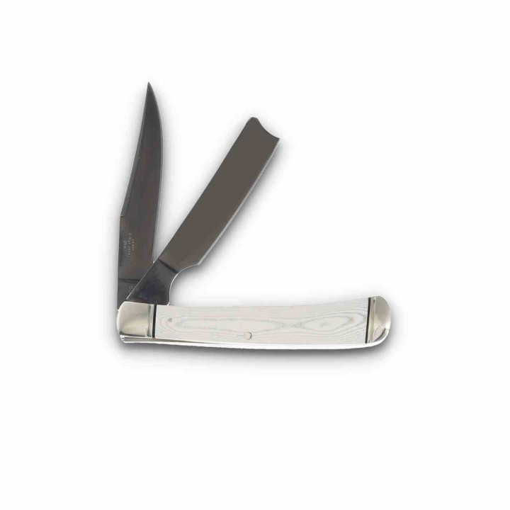 Couteau Rough Ryder Tuxedo White Razor Trapper Lames Acier 440 Manche Micarta Slipjoint RR2667- Livraison Gratuite