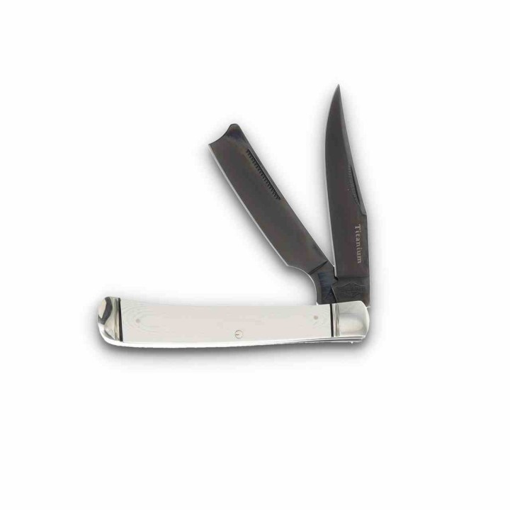 Couteau Rough Ryder Tuxedo White Razor Trapper Lames Acier 440 Manche Micarta Slipjoint RR2667- Livraison Gratuite