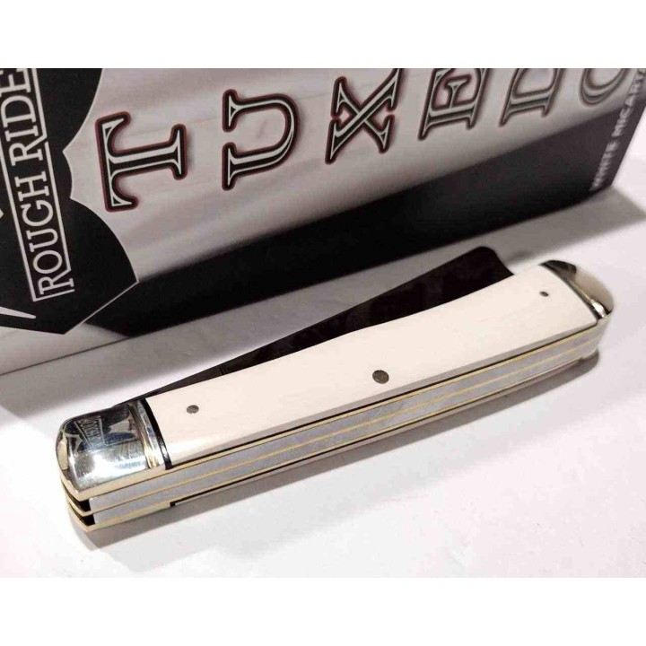 Couteau Rough Ryder Tuxedo White Razor Trapper Lames Acier 440 Manche Micarta Slipjoint RR2667- Livraison Gratuite