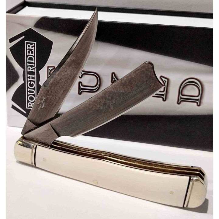 Couteau Rough Ryder Tuxedo White Razor Trapper Lames Acier 440 Manche Micarta Slipjoint RR2667- Livraison Gratuite