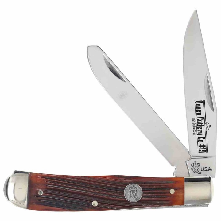 Couteau Queen USA Amber Winterbottom Bone Lames Acier Carbone 1095 Manche Os Slipjoint Boite Métal QAWB54 - Livraison Gratuite