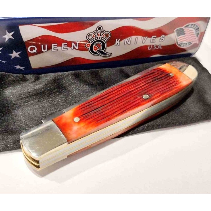 Couteau Queen USA Amber Winterbottom Bone Lames Acier Carbone 1095 Manche Os Slipjoint Boite Métal QAWB54 - Livraison Gratuite