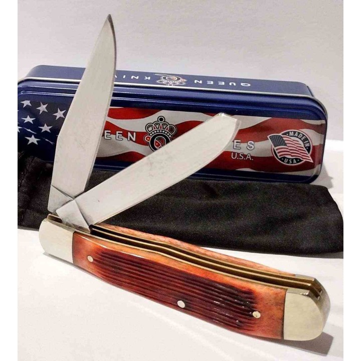 Couteau Queen USA Amber Winterbottom Bone Lames Acier Carbone 1095 Manche Os Slipjoint Boite Métal QAWB54 - Livraison Gratuite