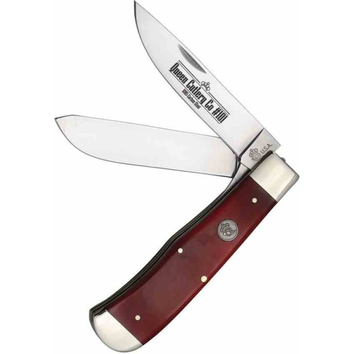 Couteau Queen USA Trapper Lames Acier Carbone 1095 Manche Os Rouge Made in USA Boite Métal QRSB206L - Livraison Gratuite