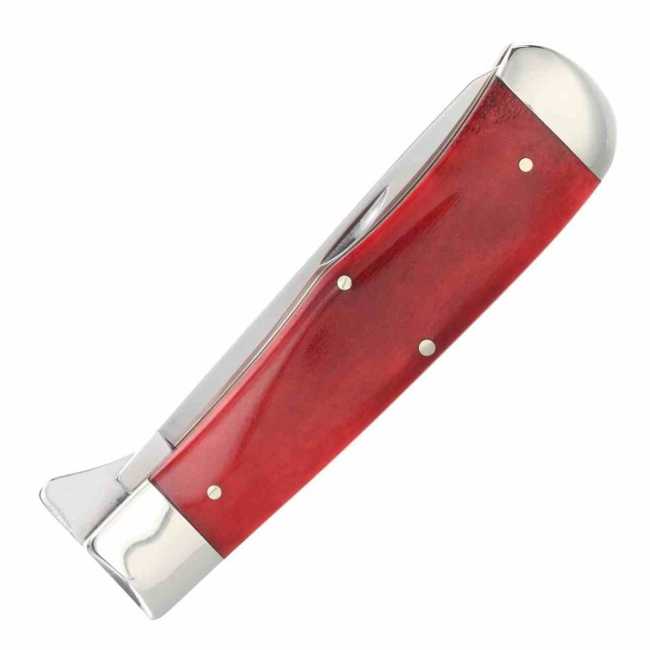 Couteau Queen USA Trapper Lames Acier Carbone 1095 Manche Os Rouge Made in USA Boite Métal QRSB206L - Livraison Gratuite