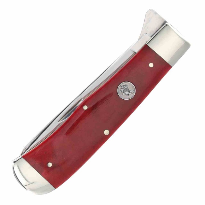 Couteau Queen USA Trapper Lames Acier Carbone 1095 Manche Os Rouge Made in USA Boite Métal QRSB206L - Livraison Gratuite