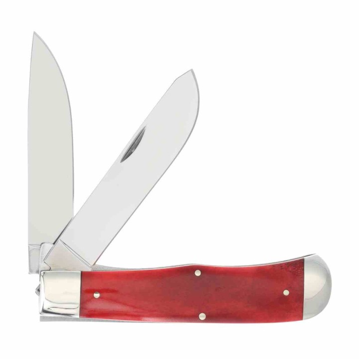 Couteau Queen USA Trapper Lames Acier Carbone 1095 Manche Os Rouge Made in USA Boite Métal QRSB206L - Livraison Gratuite