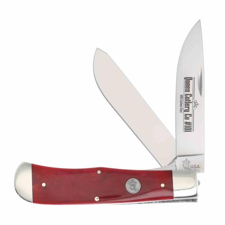 Couteau Queen USA Trapper Lames Acier Carbone 1095 Manche Os Rouge Made in USA Boite Métal QRSB206L - Livraison Gratuite