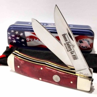 Couteau Queen USA Trapper Lames Acier Carbone 1095 Manche Os Rouge Made in USA Boite Métal QRSB206L - Livraison Gratuite