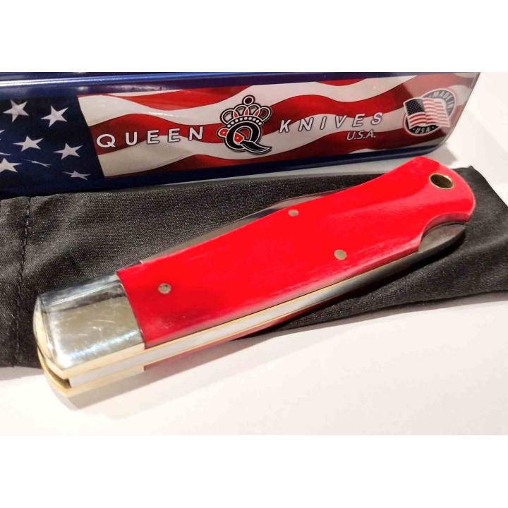 Couteau Queen Cutlery Red Bone Lame Acier Carbone 1095 Manche Os Rouge Lockback Boite Métal USA QRSB106L - LIVRAISON GRATUITE