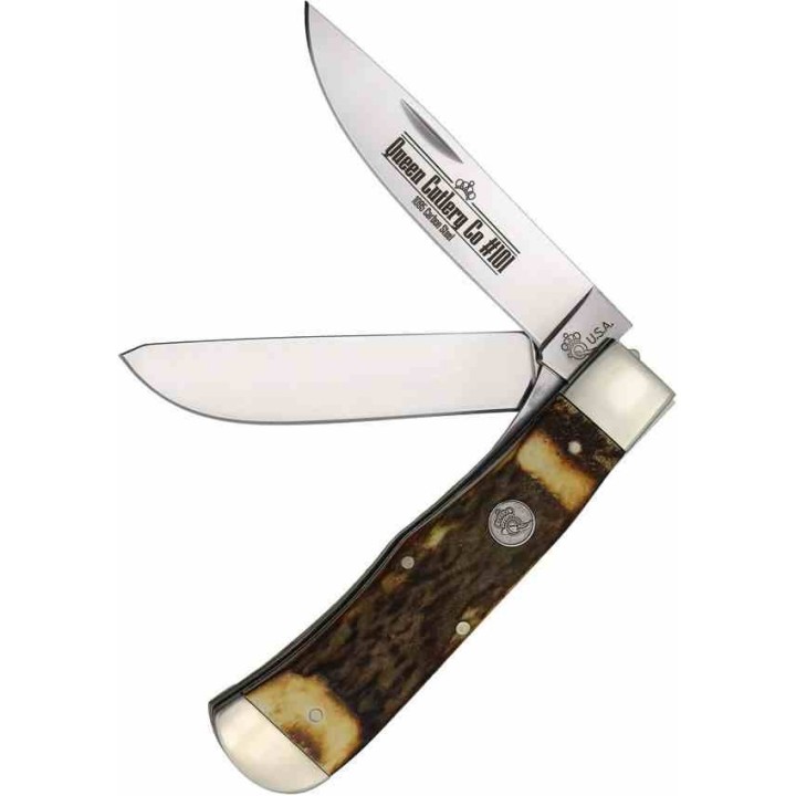 Couteau Queen USA Trapper Lames Acier Carbone 1095 Manche Corne de Daim Linerlock Boite Métal USA QGSH206L - Livraison Gratuite