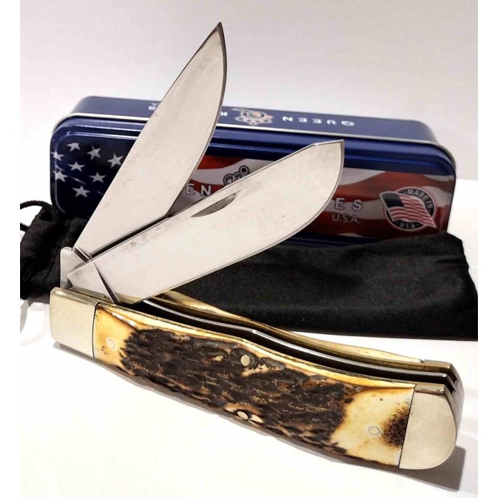 Couteau Queen USA Trapper Lames Acier Carbone 1095 Manche Corne de Daim Linerlock Boite Métal USA QGSH206L - Livraison Gratuite