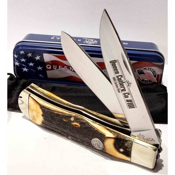 Couteau Queen USA Trapper Lames Acier Carbone 1095 Manche Corne de Daim Linerlock Boite Métal USA QGSH206L - Livraison Gratuite