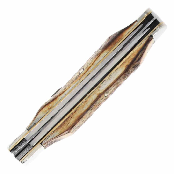 Couteau Queen USA Trapper Lames Acier Carbone 1095 Manche Corne de Daim Linerlock Boite Métal USA QGSH206L - Livraison Gratuite