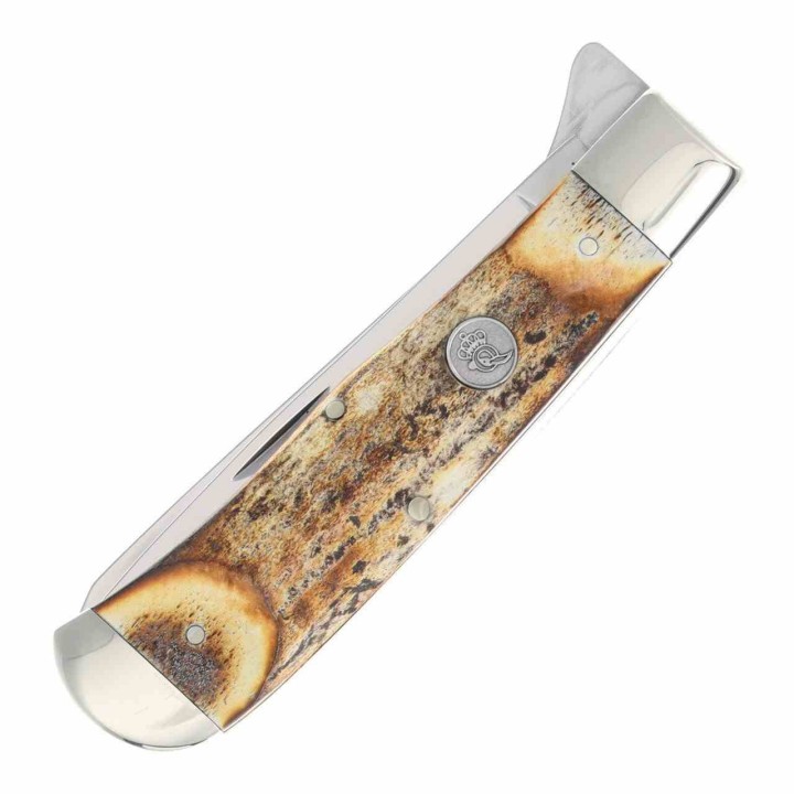 Couteau Queen USA Trapper Lames Acier Carbone 1095 Manche Corne de Daim Linerlock Boite Métal USA QGSH206L - Livraison Gratuite