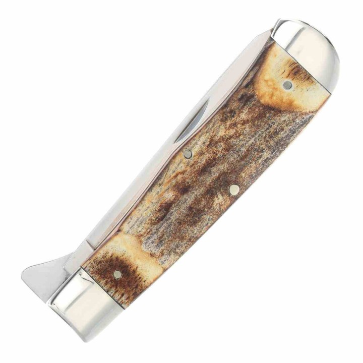 Couteau Queen USA Trapper Lames Acier Carbone 1095 Manche Corne de Daim Linerlock Boite Métal USA QGSH206L - Livraison Gratuite
