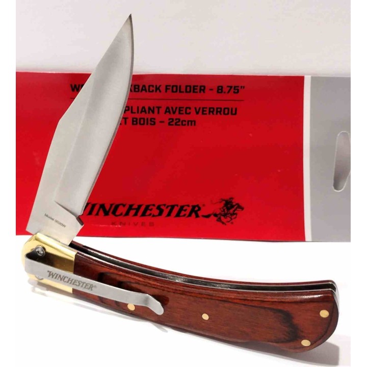 Couteau Winchester Large Wood Lame Acier Inox Poignée Bois Lockback Clip WN6220020W- Livraison Gratuite