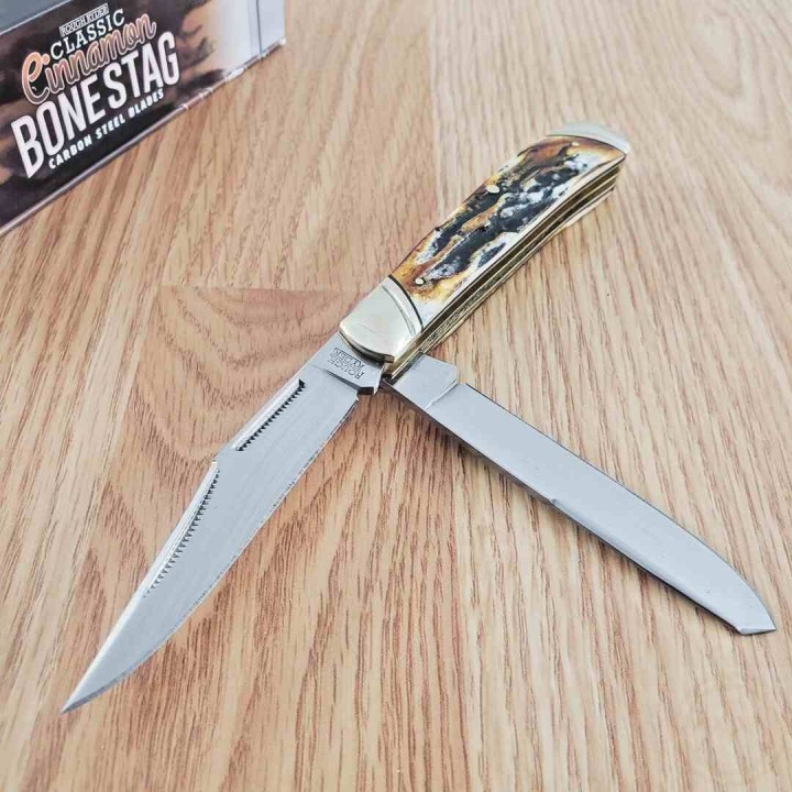 Couteau Rough Ryder Trapper Cinnamon Bone Stag 2 Lames Acier Carbone Poignée Os Cerfé Slipjoint RR2420 - Livraison Gratuite
