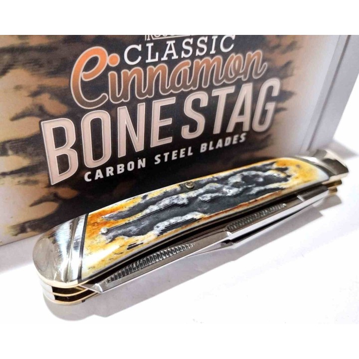 Couteau Rough Ryder Trapper Cinnamon Bone Stag 2 Lames Acier Carbone Poignée Os Cerfé Slipjoint RR2420 - Livraison Gratuite