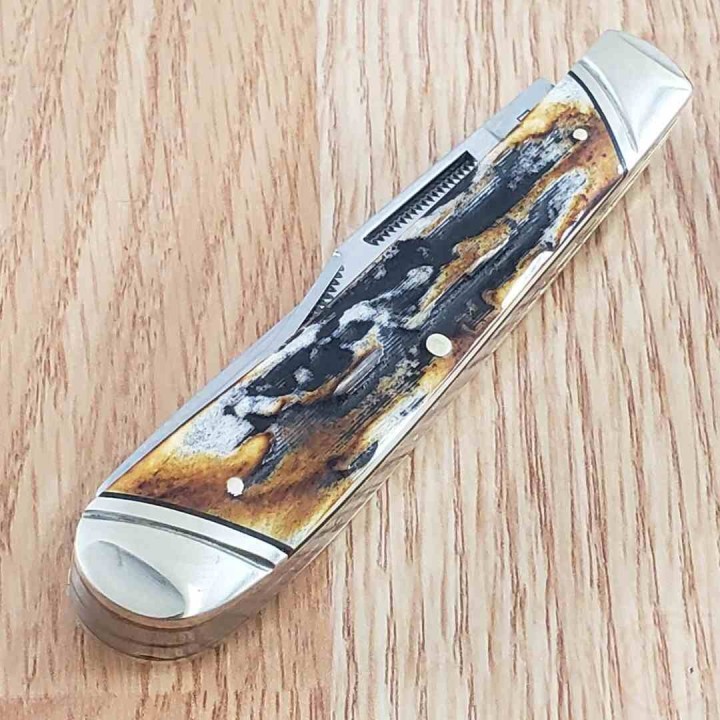 Couteau Rough Ryder Trapper Cinnamon Bone Stag 2 Lames Acier Carbone Poignée Os Cerfé Slipjoint RR2420 - Livraison Gratuite