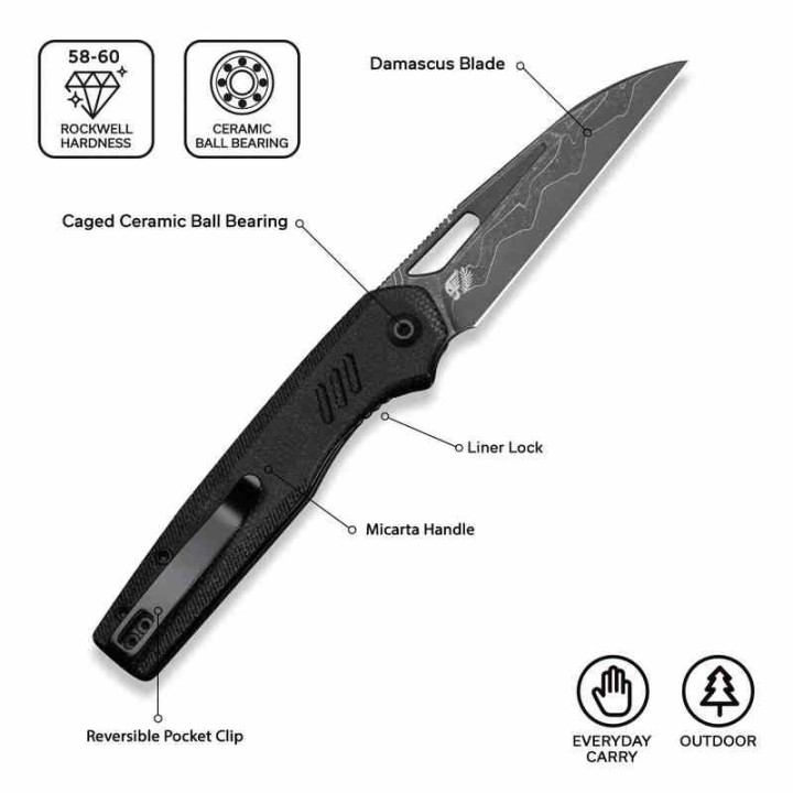 Couteau CIVIVI Guile Black Lame Acier Damas Manche Micarta Liner Lock KIVT C24062BDS1 - Livraison Gratuite