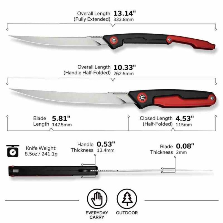 Couteau CIVIVI Shawka Fillet Lame Acier 14C28N Manche Alu Noir/Red Liner Lock Etui Nylon CIVC22029B1 - Livraison Gratuite