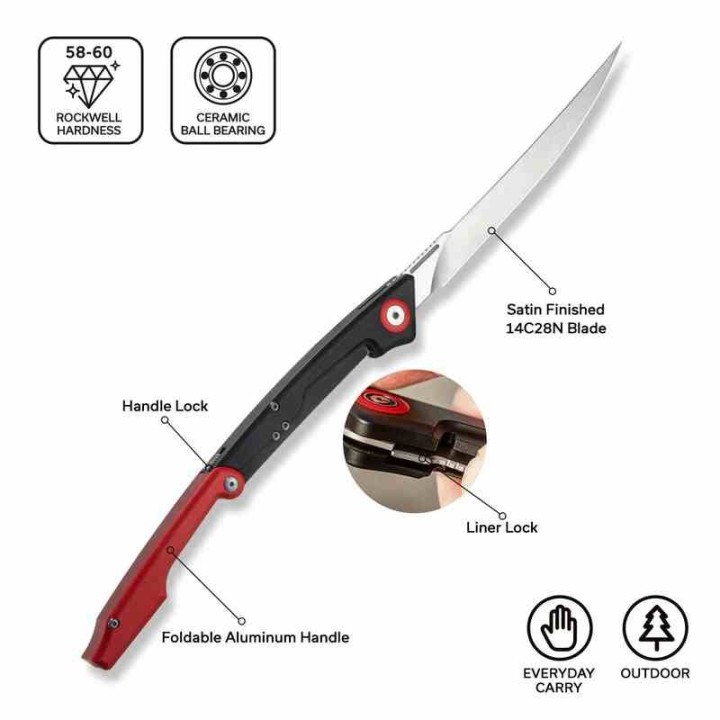 Couteau CIVIVI Shawka Fillet Lame Acier 14C28N Manche Alu Noir/Red Liner Lock Etui Nylon CIVC22029B1 - Livraison Gratuite
