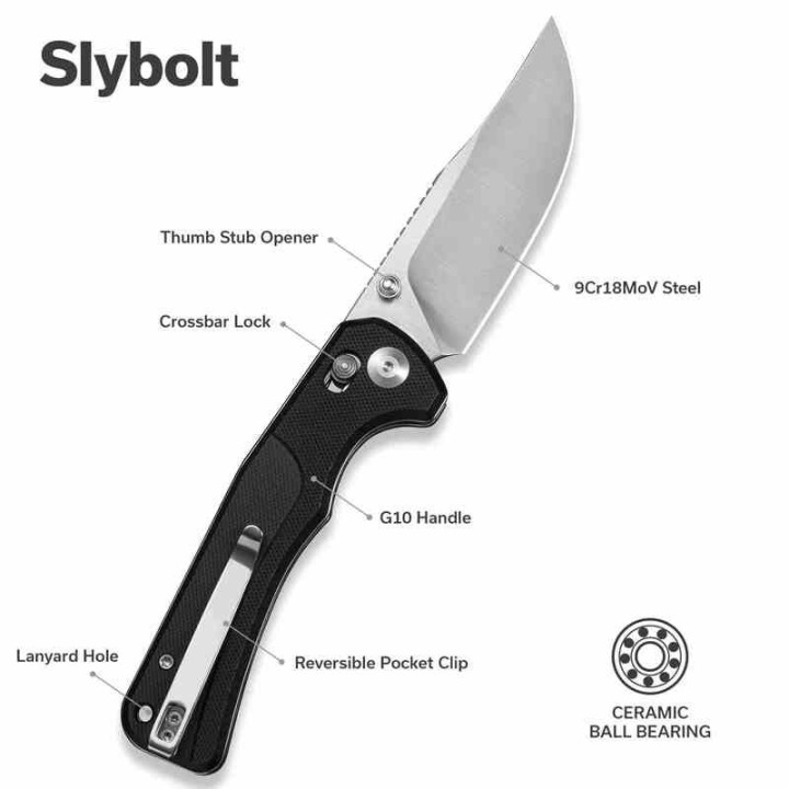 Couteau Sencut Slybolt Lame Acier 9Cr18MoV Manche G10 Noir Bouton Lock Clip S250011 - Livraison Gratuite