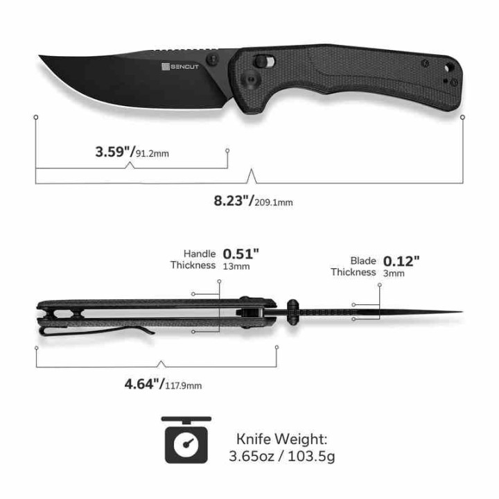 Couteau Sencut Slybolt Lame Acier 9Cr18MoV Manche Micarta Noir Bouton Lock Clip S25001A1 - Livraison Gratuite