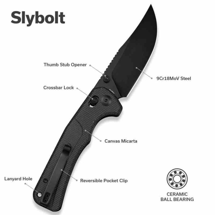 Couteau Sencut Slybolt Lame Acier 9Cr18MoV Manche Micarta Noir Bouton Lock Clip S25001A1 - Livraison Gratuite