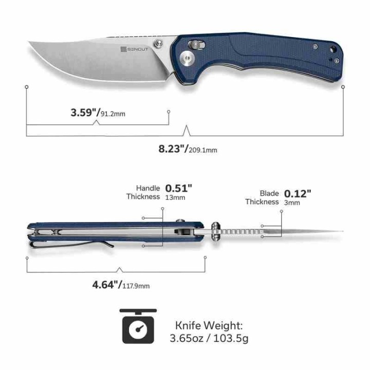 Couteau Sencut Slybolt Lame Acier 9Cr18MoV Manche Micarta Blue Bouton Lock Clip S25001A2 - Livraison Gratuite
