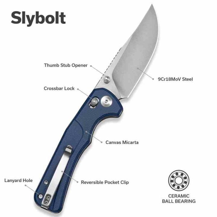 Couteau Sencut Slybolt Lame Acier 9Cr18MoV Manche Micarta Blue Bouton Lock Clip S25001A2 - Livraison Gratuite