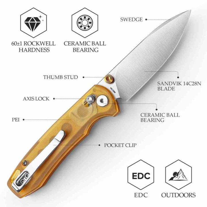 Couteau TRIVISA Dragonfly-Y Lame Acier 14C28N Manche PEI Axis Lock KIBS TVJM03YP14 - Livraison Gratuite
