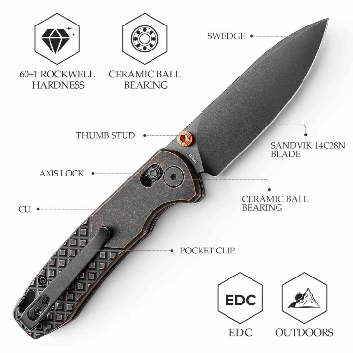 Couteau TRIVISA Dragonfly-Y Lame Acier 14C28N Manche Copper Axis Lock KIBS TVJM03CU14 - Livraison Gratuite