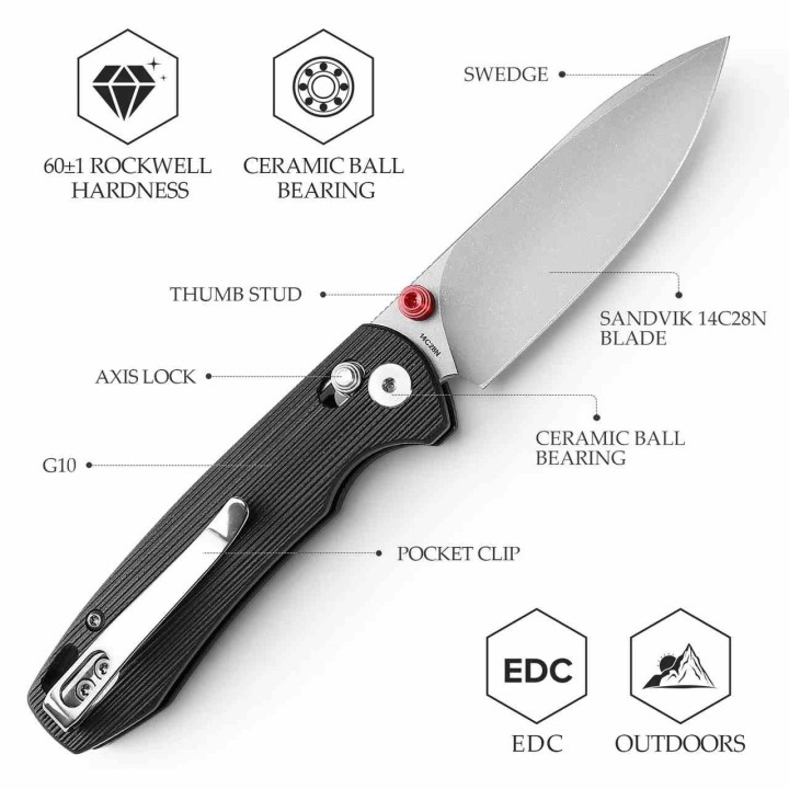 Couteau TRIVISA Dragonfly-B Lame Acier 14C28N Stonewashed Manche G10 Noir Axis Lock TVJM03BG14 - Livraison Gratuite